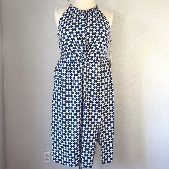 Ava & Viv Size 1X Dress Sleeveless Blue & White Geometric Halter Neckline - Picture 1 of 8